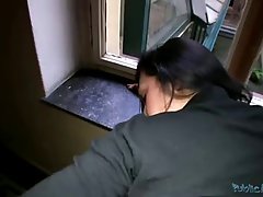 Dark haired babe got an offer from a stranger and ended up playing with his dick