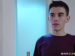 After foreplay in the bathroom, a dirty milf, Ariella Ferrera rode a young guy’s big dick