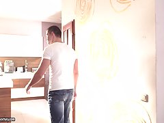 Hot brunette is eagerly sucking her partner's dick, while he is moaning like never before