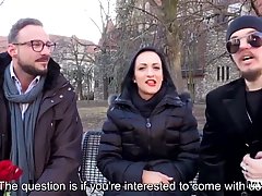 Slutty German babe is fucking with two horny men, in their mini bus, on Valentine's day